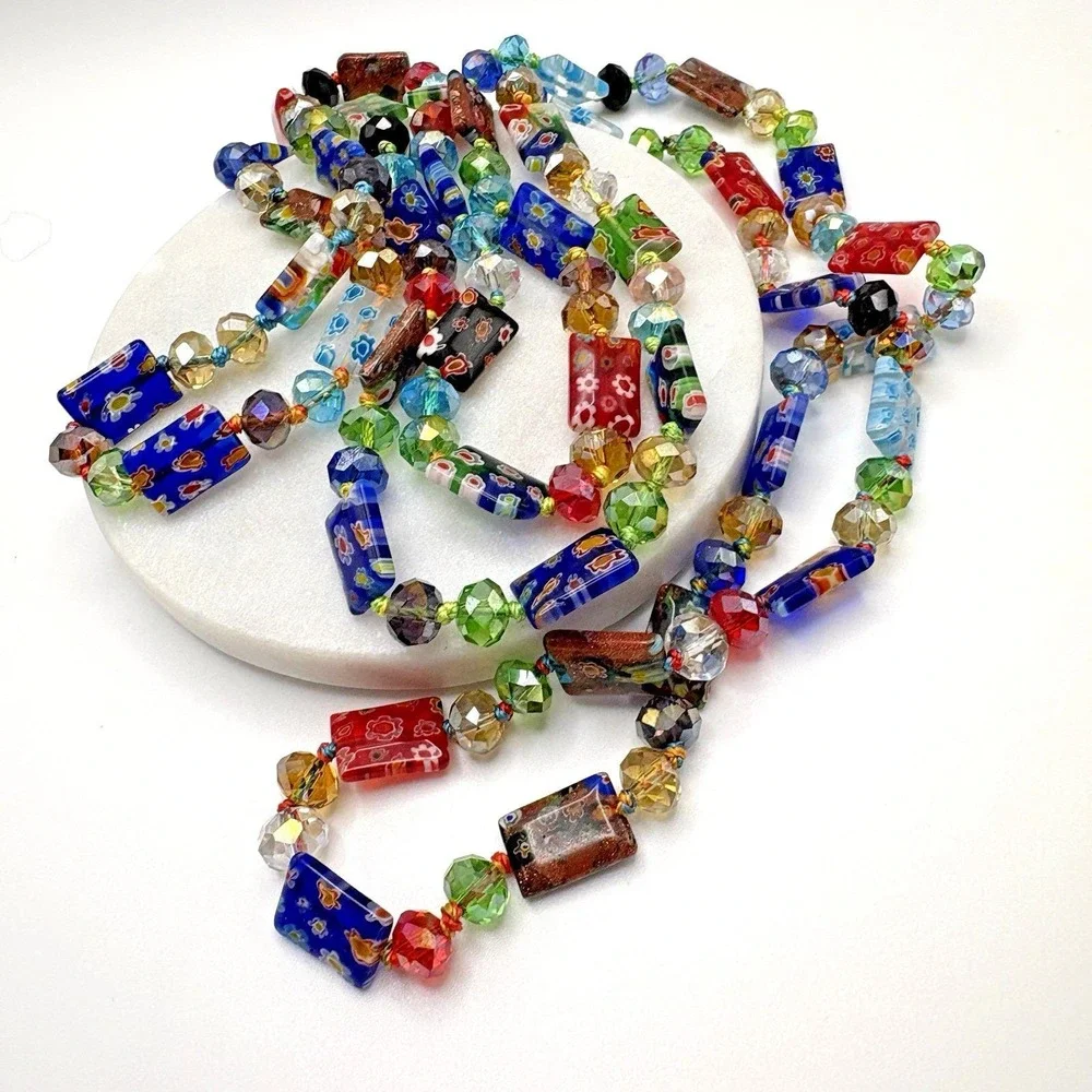 Vintage Murano Glass Necklace Millefiori Rectangle AB Handmade 50